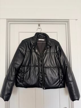 JustFab Black Faux Leather Puffer Jacket Moto Coat XXL